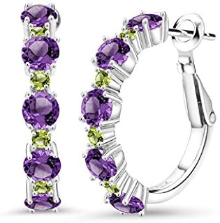 Elegant Sterling Silver 925 Amethyst & Peridot Hoop Earrings with Lever Back Design, Eye-Catching Round Gemstones, 1-Inch Diameter