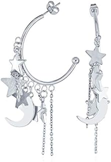 Big Large Celestial Crescent Moon Stars Dangling Charm Hoop Stud Earrings For Women Teen Rose Gold Tone Stainless Steel 2.5 Diameter