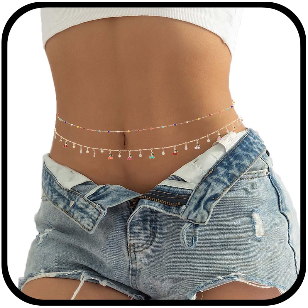 Urieo Boho Rhinestone Beads Waist Chain Bead Butterfly Gold Crystal Belly Chains Beaded Layered Adjustable Bikini Beach Body Jewelry for Women and Girls(Pack of 2)