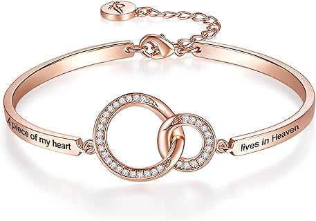 Cubic Zirconia Accentuated Rose Gold Baby Bangle Bracelet, Lobster Claw Clasp & Box Chain- 'A Piece of My Heart Lives in Heaven' Memorial Gift for Cherished Loved Ones