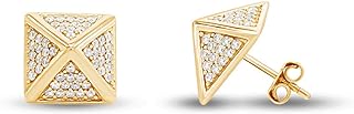 14k Yellow Gold Over Sterling Silver Pyramid Stud Earrings with Round White Cubic Zirconia Gemstones, Push Back Clasp for Men and Women