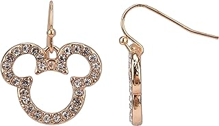 Disney Mickey Mouse Silhouette Drop Earrings, Jewelry Gift Box, Gold Tone Enamel with Pave Stone Accent, 1.25” Drop, Clicktop Closure