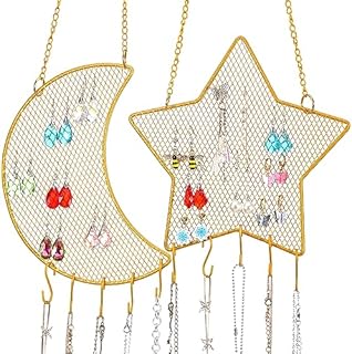 Gold Metal Hoop Earring Holder by Jetec with Hanging Hooks, Stylish Diamond Hexagonal Design for Women. Ideal for Showcasing Necklaces, Bridal and Birthday Jewelry