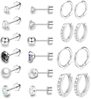 Surgical Steel Flat Back Earrings Set for Multiple Piercing Sensitive Ears Hypoallergenic,Sterling Silver Small Cartilage Huggie Hoop Earrings Titanium Tiny CZ Pearl Opal Stud Earrings for Women Girls