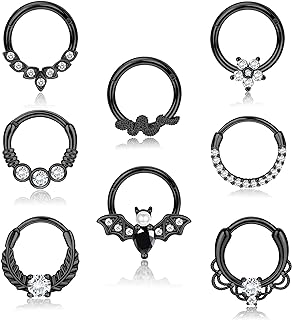 16G Septum Clicker Rings, Bat and Snake Design with Cubic-Zirconia, 8-pc Set in Hypoallergenic Stainless Steel for Nose and Ear Piercings
