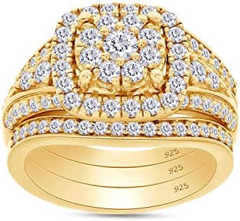 Three-Stone Radiant Cut Engagement Ring with Lab-Created Moissanite for Her in Round Double Halo Design - Rose Gold Plated Silver, SAVEARTH DIAMONDS 1.4 CTTW