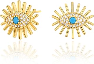 GDCOIN Women's 14K Gold Plated Cubic Zirconia Encrusted Evil Eye Stud Earrings with Lever Back, Hypoallergenic, Lustrous Heart Oval Design