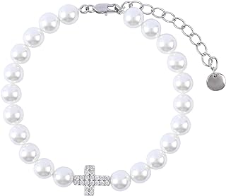 Sliver Cross Charm Pearl Bracelet for Women Vintage White Baroque Freshwater Pearl Bracelet with Sliver CZ Cross Charm Y2K Adjustable Pearl Bracelet Party Trendy Religious Jewelry Gift for Men Boys