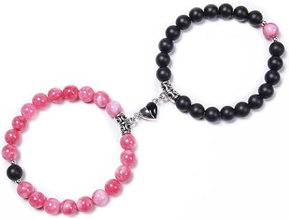 Magnetic Clasp Agate Beaded Bracelets with Bead Chain for Couples and Best Friends- Heart-Shaped Design