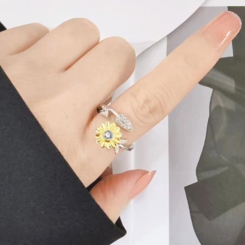 925 Sterling Silver Sunflower Ring Open Adjustable Statement Rings Handmade Boho Thumb Band Ring for Women Girls