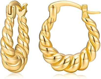 14K Gold Plated Croissant Earrings Twisted Round Hoop Earrings Chunky Hoop Earrings 925 Sterling Silver Post Earrings Huggies with CZ for Women and Girl Gift for Her