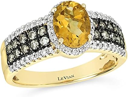 LE VIAN 14K Yellow Gold Oval Citrine & 1/2 Cttw White/Chocolate Diamond Engagement Ring (H-I & Fancy Brown Color, SI1-SI2 Clarity)- Size 7