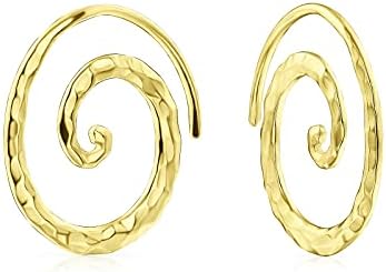 Boho Hammered Geometric Round Labyrinth Swirl Wire Spiral Hoop Threader Stud Earrings For Women Teen Yellow 14K Gold Plated .925 Sterling Silver