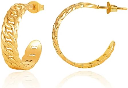 Gold Cuban Chain Hoop Earrings for Women, 18K Gold Plated Curb Chain Link Hoop Earrings Open Hoops Hypoallergenic Jewelry Gift for Women Girls