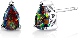 Peora Created Black Opal Stud Earrings in Sterling Silver, Solitaire Pear Shape, 8x5mm, 1 Carat total, Scroll Design, Friction Backs