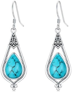Genuine Turquoise Dangle Earrings for Women, Sterling Silver Vintage Native American Western Jewelry Teardrop Earrings Birthday Gift