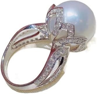 Round Pearl Statement Ring with Zirconia Accents in 925 Sterling Silver, Trendy and Elegant Female Jewelry, Size 6