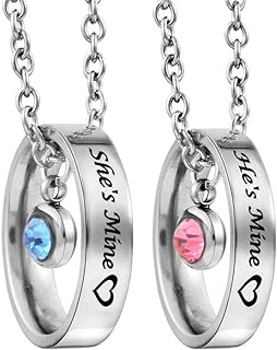 MJartoria Matching Necklaces for Couples, His and Hers Engraved Rhinestone Ring Pendant Set Gifts for Boyfriends Girlfriends