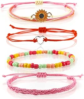 COLORFUL BLING 4-piece Summer Surf Anklet Bracelet Adjustable Chain Braided Rope Bracelet Sunflower Heart Beads Friendship Bracelet Beach Surf Jewelry Girl