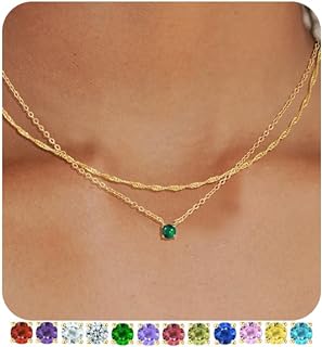 Birthstone Necklace for Women Teen Girls Trendy Layered CZ Diamond Necklaces Set Dainty Gold Necklace Non Tarnish Emerald Green Red Pendant Necklaces Birthday Gifts for Women Mothers Jewelry
