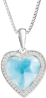 925 Sterling Silver Natural Larimar Heart Pendant Necklace Pendant with 18" Box Chain AAA Cubic Zirconia, Nickle Free Hypoallergenic for Sensitive Skin, Gift Box Included