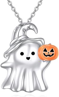 MONGAS Halloween/Christmas Gifts Ghost Halloween Necklace Pumpkin Necklace 925 Sterling Silver Cute Ghost Jewelry Gifts for Women