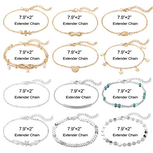 12Pcs Ankle Bracelets for Women Girls Gold Silver Two Style Chain Beach Anklet Bracelet Jewelry Anklet Set,Adjustable Size