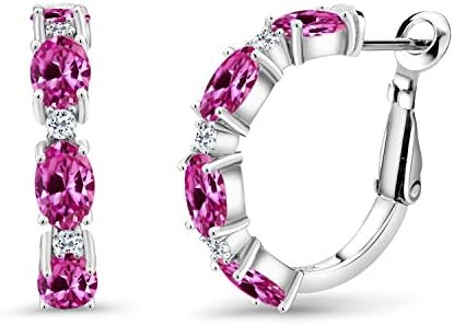 Gem Stone King 925 Sterling Silver Pink Created Sapphire and White Topaz Hoop Earrings For Women (4.24 Cttw, Oval 6X4MM)
