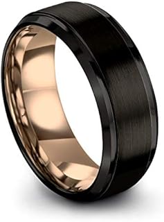 Tungsten Wedding Band Ring 8mm for Men Women 18k Rose Yellow Gold Plated Step Bevel Edge Black Brushed Polished