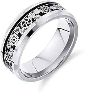 Mechanic Car Racer Ring Punk Rock Motorcycle Biker Jewelry Silver Black Titanium Rings for Men Wedding Bands Steampunk Gear Wheel Carbon Fiber Inlay Beveled Edges Comfort Fit 8MM