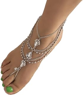 Sparkling Crystal Teardrop Slave Anklet with Lobster Claw Clasp for Women, Bohemian Alloy Layered Foot Chain with Toe Ring - Ideal for Beach Weddings and Summer Parties
