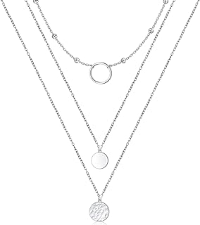 FLYOW Layered Necklace S925 Sterling Silver Triple Multilayer Necklace Long Chain Dainty Pendant Necklace for Women