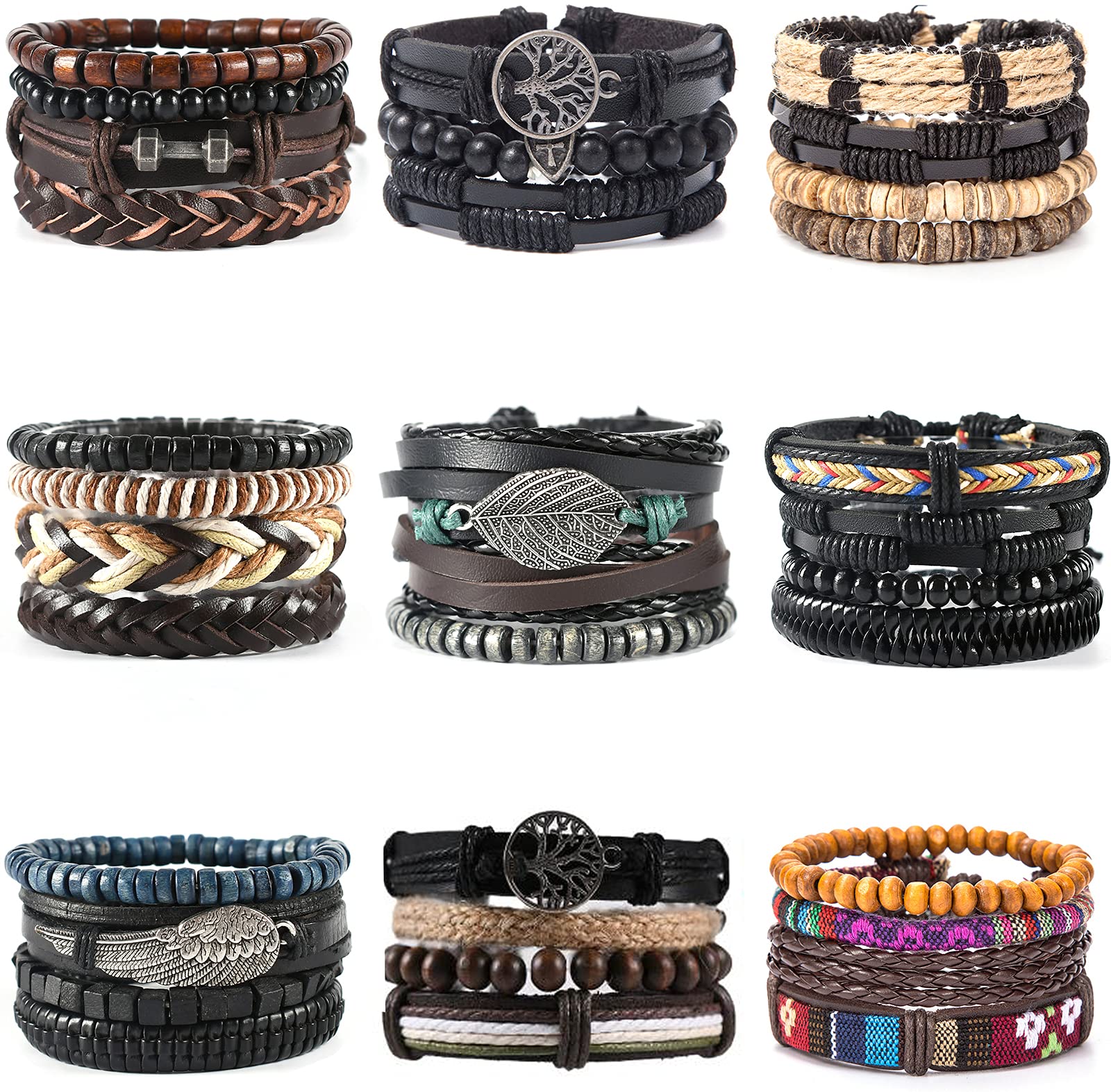 34 Pcs Braided Leather Bracelets for Men Women Wooden Beads Cool Hemp Tribal Wristbands Cuff Bracelets Life Tree Punk Bracelet Multilayered Handmade Wrap Bracelets Adjustable
