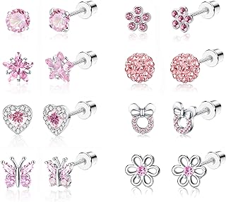 Screw and Push Back Stainless Steel Earrings Set with CZ Stone and Heart, Ball, Butterfly Designs for Women by FASACCO - Stylish 8 Pairs Assortment