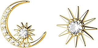 Reffeer Solid 925 Sterling Silver CZ Moon Star Earrings Stud for Women Teen Girls Moon Sun Studs Earrings Asymmetric