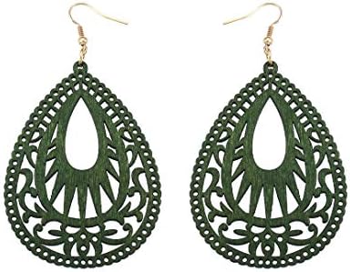 Bohemian Natural Wood Dangle Earrings with Zinc French Wire for Elegant Ladies- Retro Geometric Teardrop Design