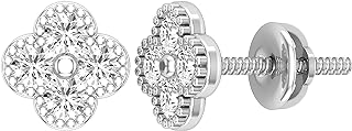 14K White Gold Floral Diamond Stud Earrings with Screw Back Design for Women, Round White Diamond Stones