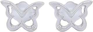 Aria Jewels Diamond-Encrusted Butterfly Stud Earrings, Women's White Gold Plated 925 Sterling Silver with Push Back Design