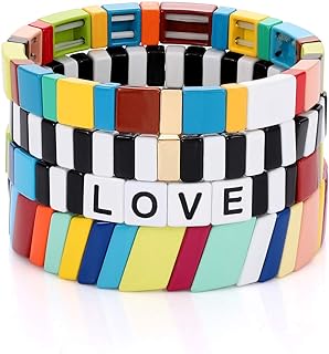 Alloy Enamel Love Bead Bracelet Set with Bead Chain for Women, Colorblock Rainbow Design, Set of 4 Strands