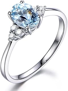 14K White Gold Wedding Ring,Oval Cut Blue Aquamarine Engagement Ring,Diamond Promise Band,Reco Set