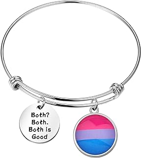 Stainless Steel Box Chain Bisexual Bracelet Beads with Engraved "Both Both is Good" Message for Pride Celebration, Heart Design with Pink, Purple, Blue Colors