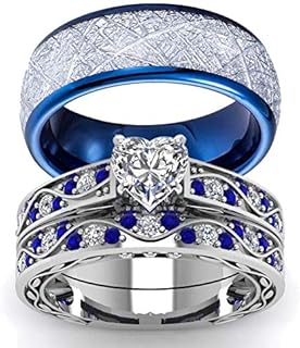 His Hers Wedding Ring Sets Couples Matching Rings Women's 10k White Gold Filled Heart CZ Wedding Engagement Ring Bridal Sets & Men's Tungsten Carbide Wedding Band