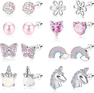 ZELORES 8 Pairs Cute Screw Back Earrings for Women Pink CZ Heart Unicorn Stud Earrings Stainless Steel Flower Butterfly Screwback Earrings Set