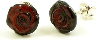 Baltic Amber Rose Stud Earrings with Sterling Silver Push-Back for Women, Handcrafted Design