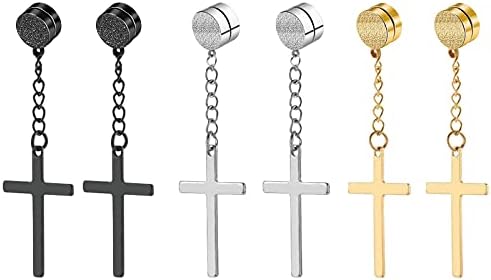 NEWITIN 3 Pairs Magnetic Stud Earrings for Men Stainless Steel Magnetic Earrings Men Clip on Earrings Non Piercing Hoop Dangle Cross Earrings for Men Women