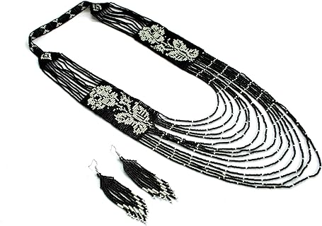 Layered Beaded Necklace – Boho Native Handmade Seed Bead Tassel Necklace, Bohemian Large Statement Beaded Necklace for Women and Girls (Black & White)