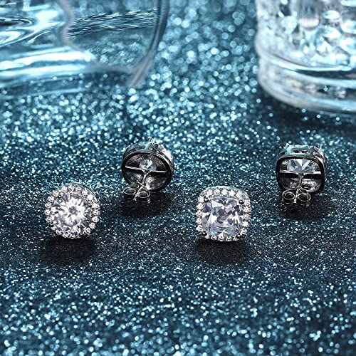 Cubic Zirconia Studs | S925 Sterling Silver Earrings for Women Men | Hypoallergenic 18K White Gold Round Square Brilliant Large Simulated Diamond Halo Stud Earrings