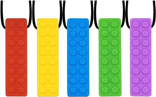 Chew Necklaces for Sensory Kids, 5PCS Building Block Silicone Chewy Necklace for Boys and Girls with Autism Biting Chewing, BPA Free Teether Toys for Baby Toddler and Infant Teething