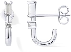 PAVOI White Gold Plated Baguette Hoop Earrings with Cubic Zirconia for Women, Latch Back Half Huggie Design