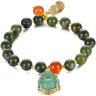 Other-Clasp-Type Laughing Buddha Beaded Bracelet with Jade Stones and Cubic Zirconia for Men and Women, Bead-Chain Design, Stainless Steel Material